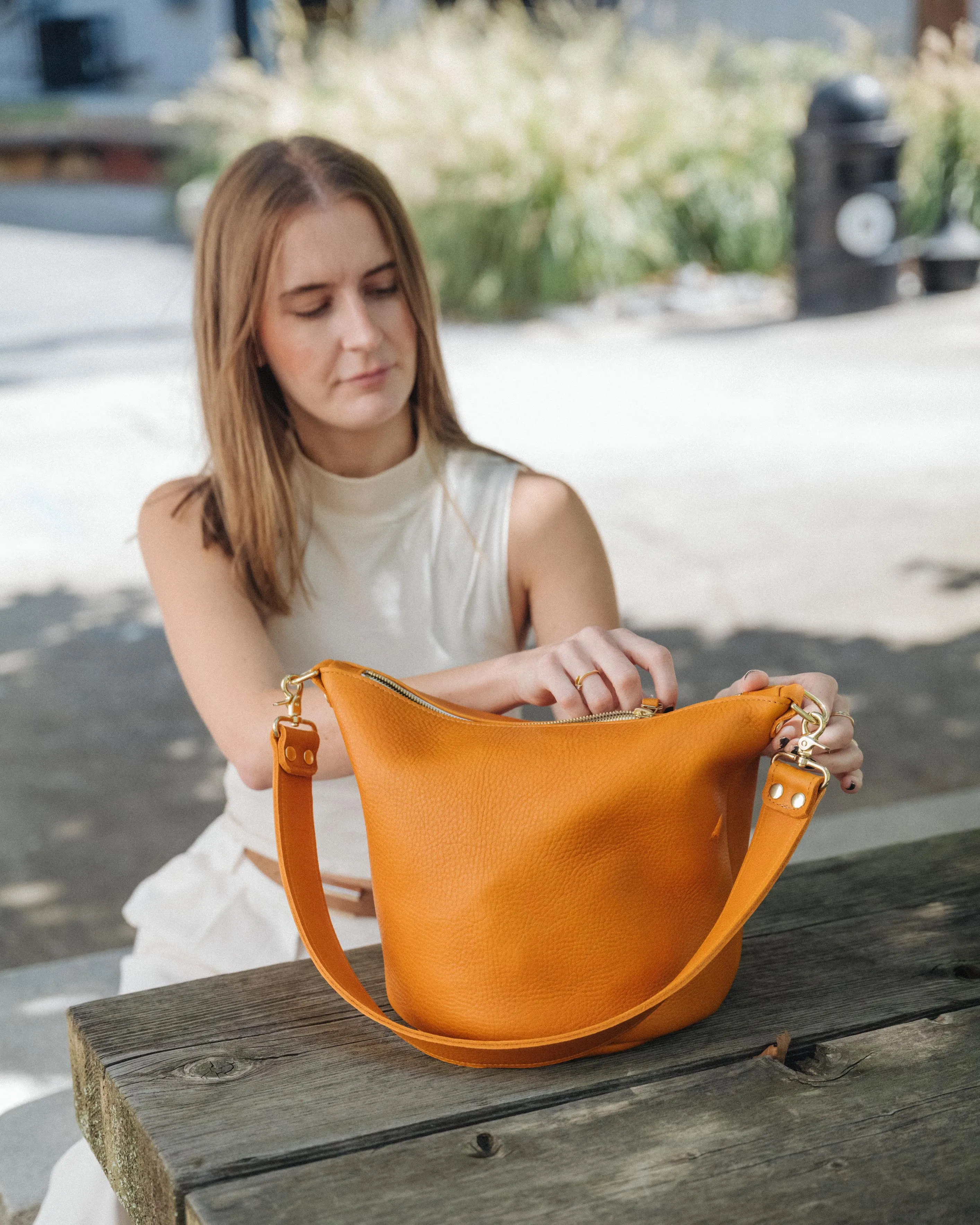 Cognac Cypress Zip-Top Bucket Bag