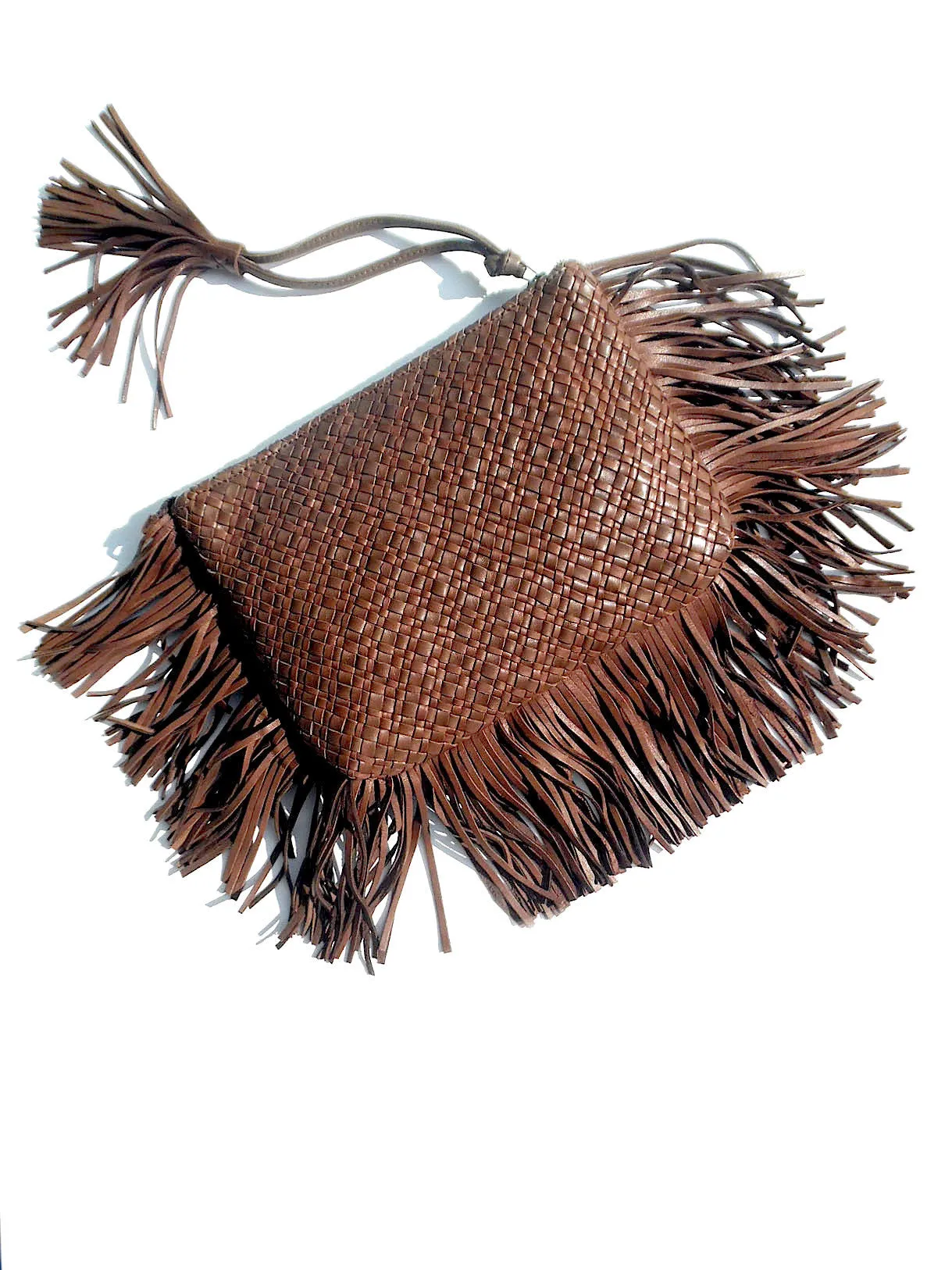 Hand Woven Leather Clutch With Fringe And Tassel - Crossbody Strap